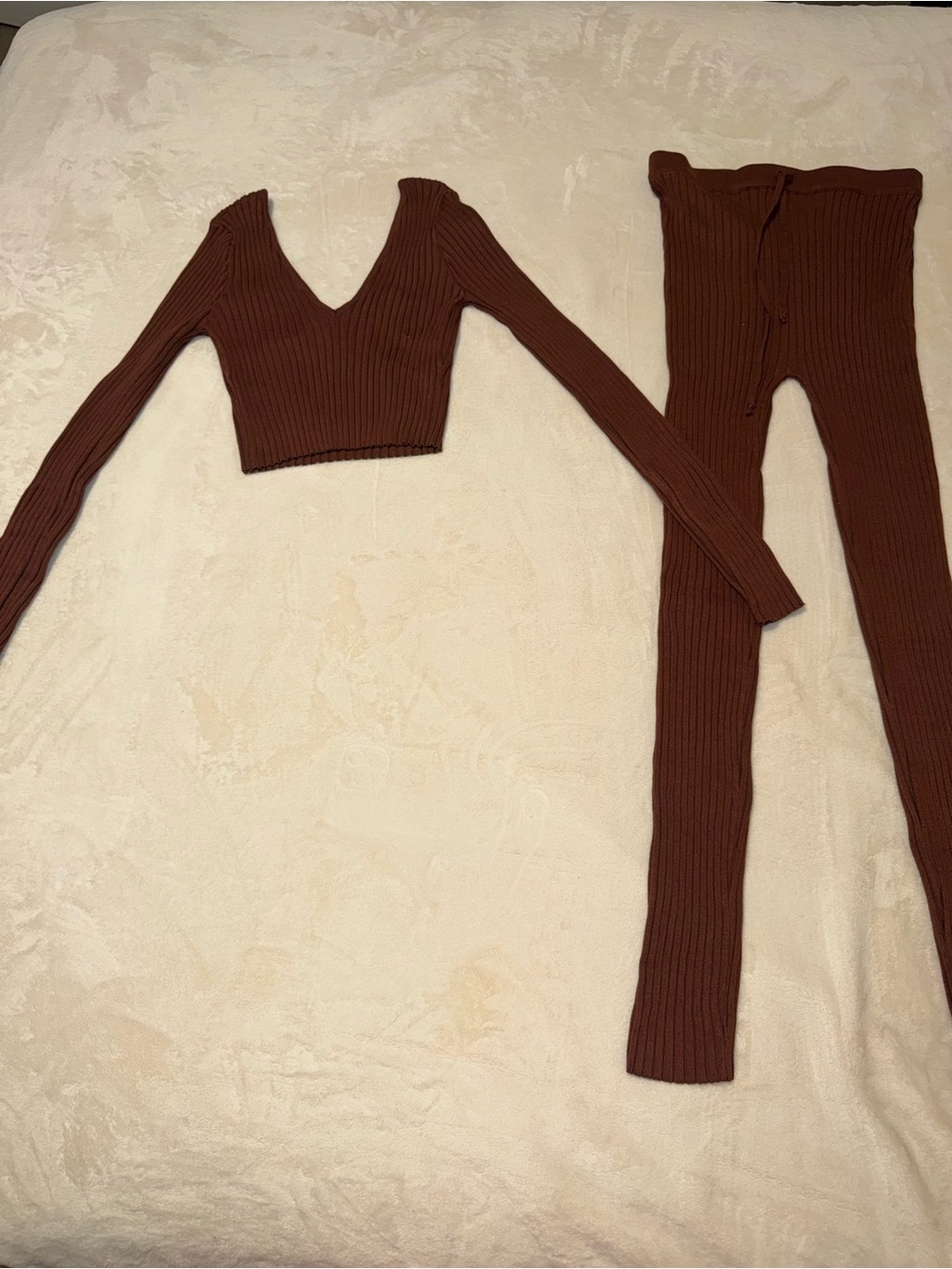 Hera Collection Brown Ribbed V-Neck Crop Top & High-Waist Leggings Set